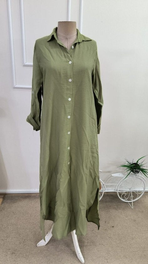 Women's Long Sleeve Collared Button-Front Loose Fit Detailed Long Dress, 34352