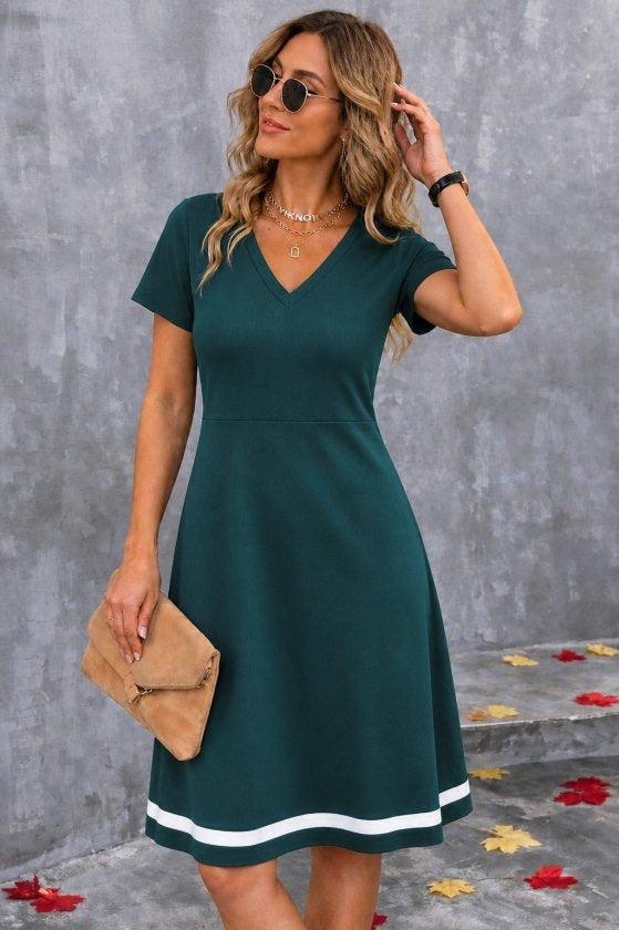 Rochie midi din crep cu mânecă scurtă, decolteu în V și tiv bordat pentru femei, 34407