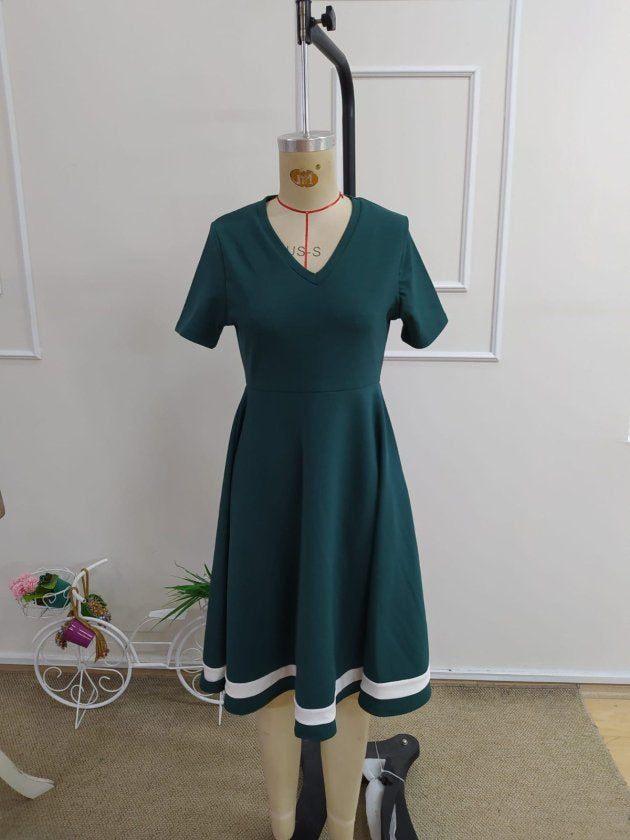 Rochie midi din crep cu mânecă scurtă, decolteu în V și tiv bordat pentru femei, 34407