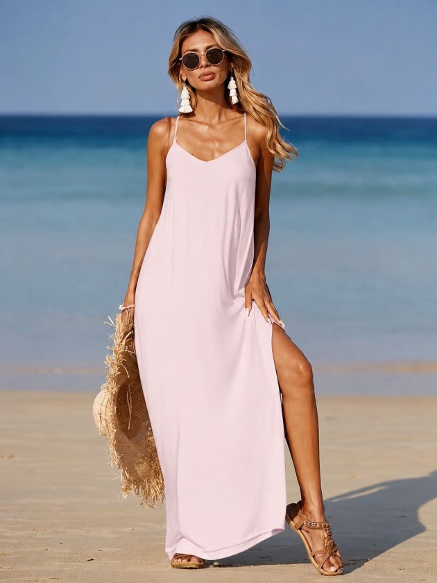 Women's Sleeveless V-Neck Cross-Back Detail Slit Long Viscose Dress, 34533