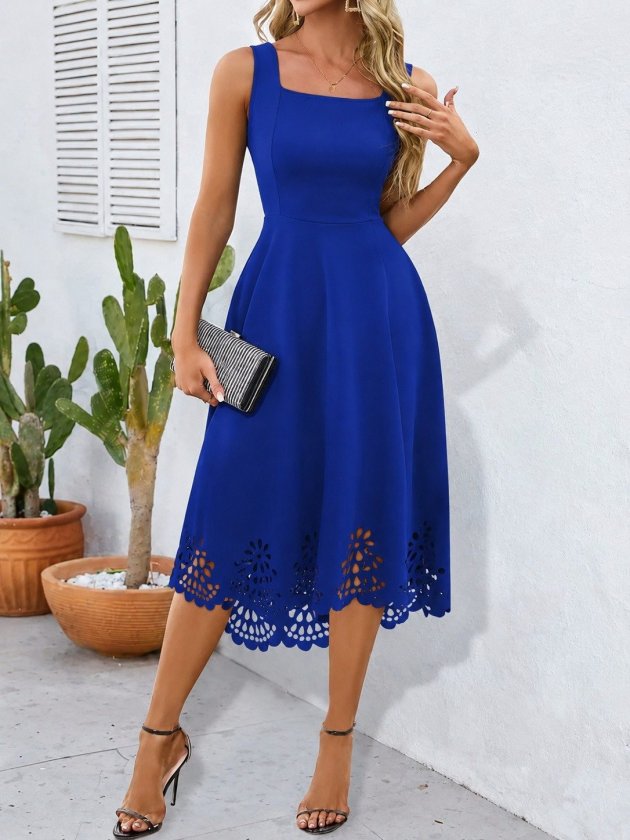 Rochie de damă din crep importat, cu guler geometric, cu bretele, floral, decupat cu laser, 34576