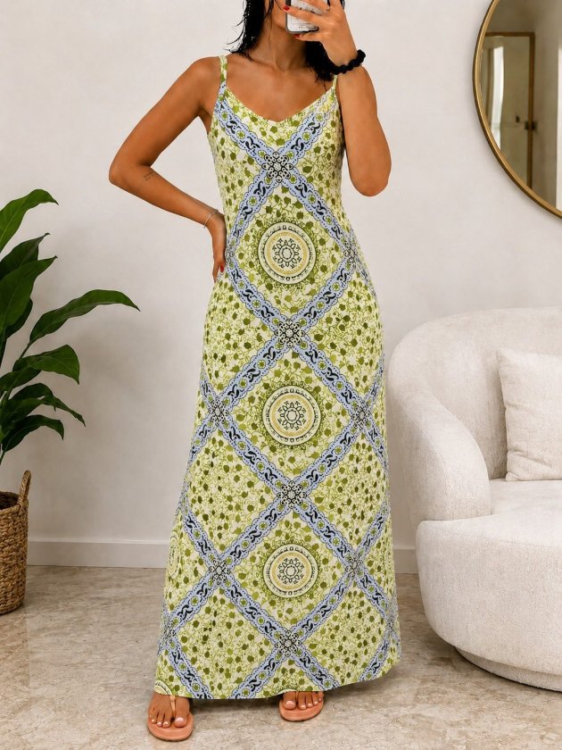 Women's Spaghetti Strap V-Neck Patterned Supreme Long Dress, 34589
