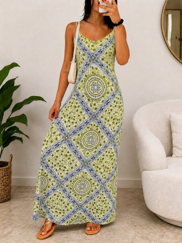 Women's Spaghetti Strap V-Neck Patterned Supreme Long Dress, 34589