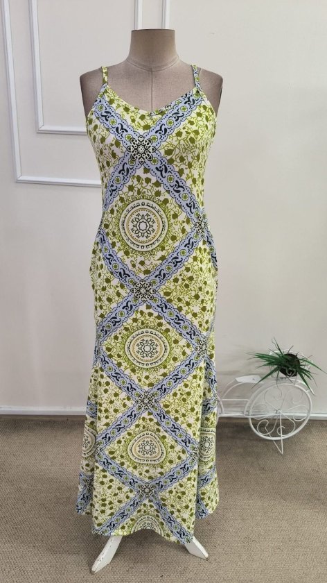 Women's Spaghetti Strap V-Neck Patterned Supreme Long Dress, 34589