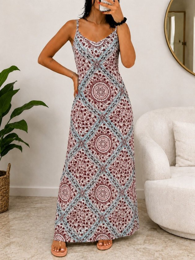 Rochie lungă Supreme pentru femei, cu bretele, decolteu în V și imprimeu, 34590