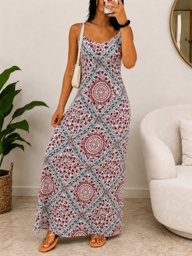 Rochie lungă Supreme pentru femei, cu bretele, decolteu în V și imprimeu, 34590