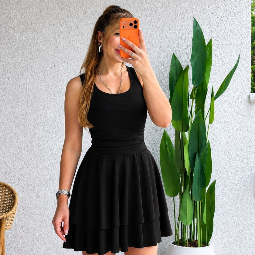 Rochie scurtă de damă cu volane, model nisipos, cu guler rotund și bretele, 34593