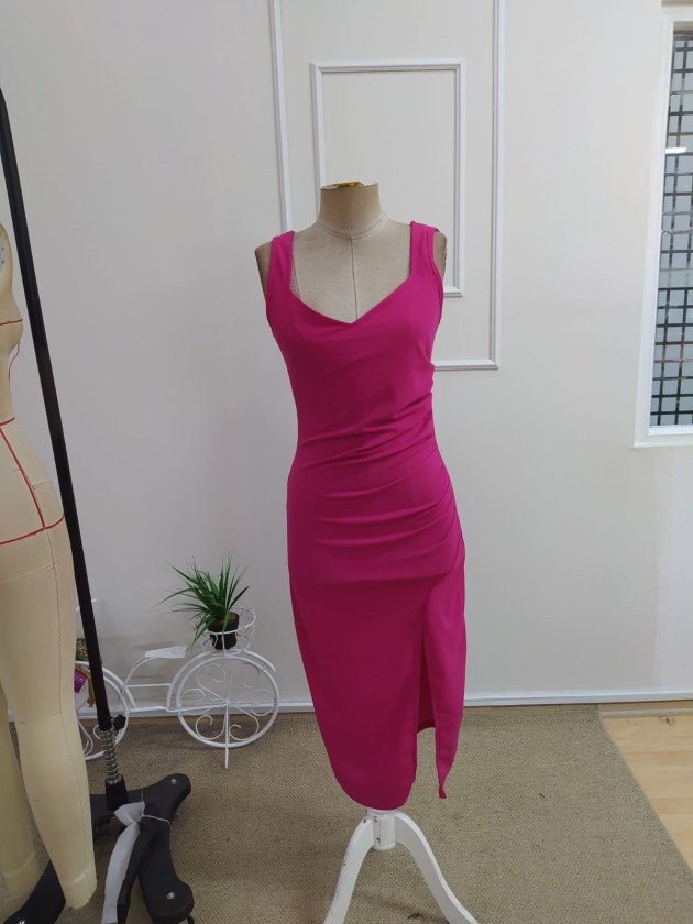 Rochie Midi din Crep Importat cu Spaghete, Decolteu la Piept, Drapaj Lateral, Fermoar, 37067