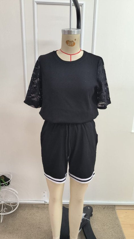 Set de două piese pentru femei, bluză și pantaloni scurți cu guler rotund, model waffle, cu mânecă scurtă, 34605
