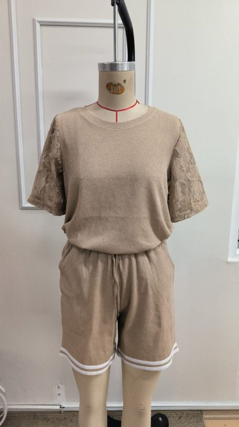 Set de două piese pentru femei, bluză și pantaloni scurți cu guler rotund, model waffle, cu mânecă scurtă, 34608