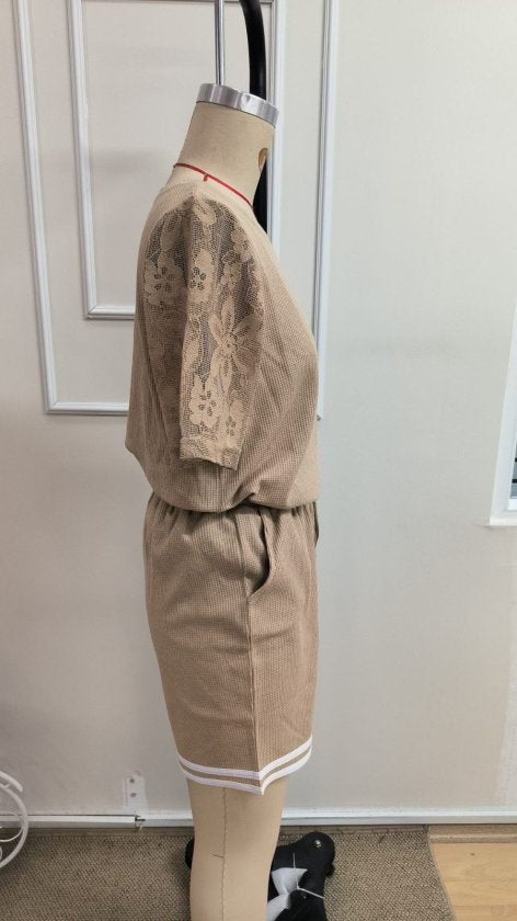 Set de două piese pentru femei, bluză și pantaloni scurți cu guler rotund, model waffle, cu mânecă scurtă, 34608