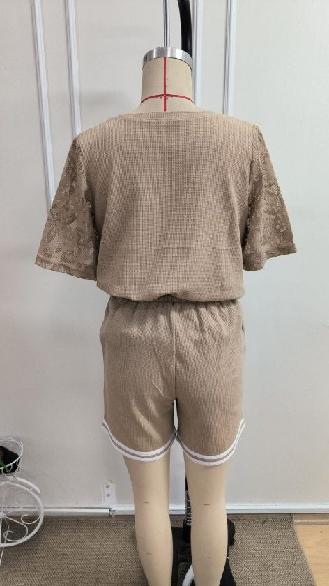 Set de două piese pentru femei, bluză și pantaloni scurți cu guler rotund, model waffle, cu mânecă scurtă, 34608