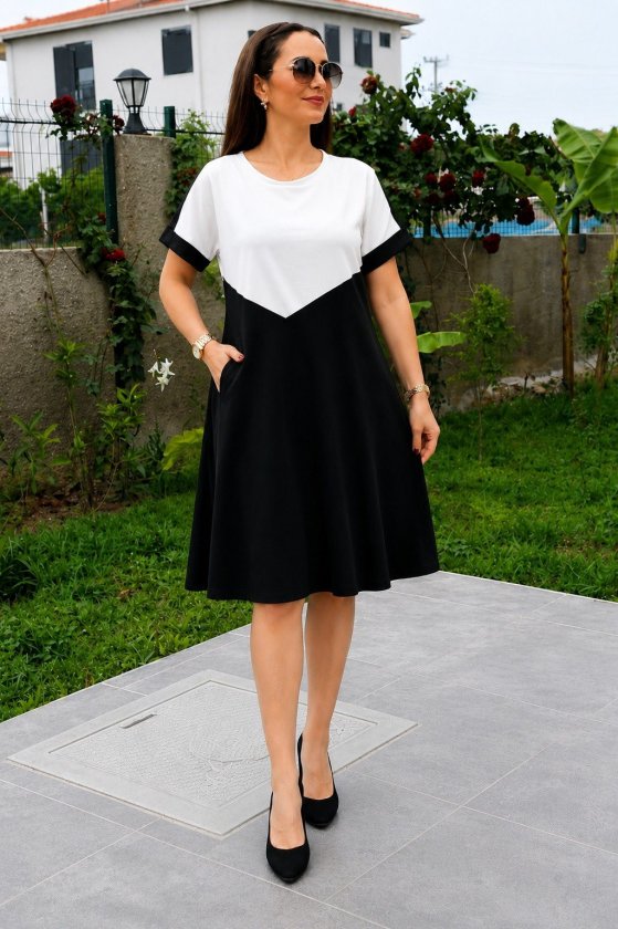 Rochie de damă din viscoză bicoloră, cu mânecă scurtă și guler rotund, cu detalii geometrice în față, 34609
