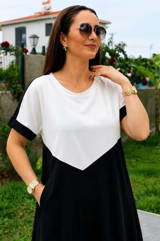 Rochie de damă din viscoză bicoloră, cu mânecă scurtă și guler rotund, cu detalii geometrice în față, 34609