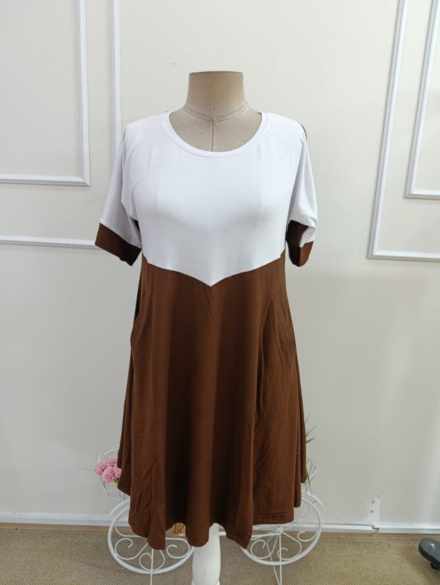 Rochie de damă din viscoză bicoloră, cu mânecă scurtă și guler rotund, cu detalii geometrice în față, 34610
