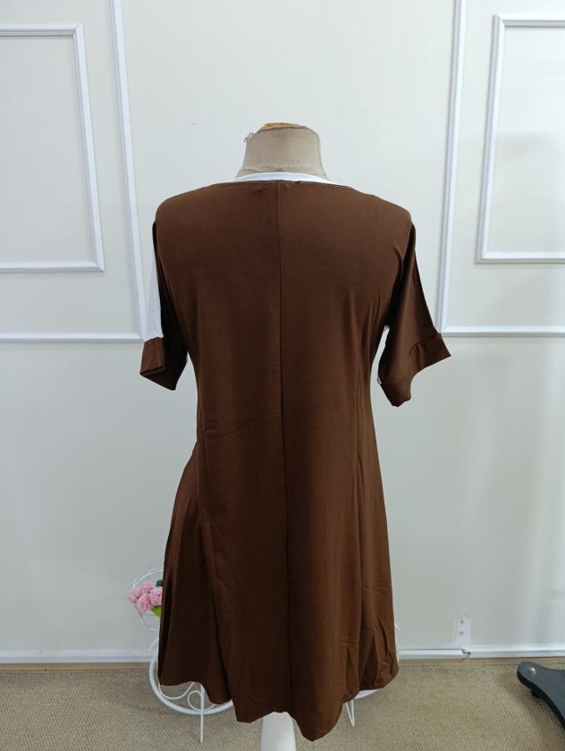 Rochie de damă din viscoză bicoloră, cu mânecă scurtă și guler rotund, cu detalii geometrice în față, 34610
