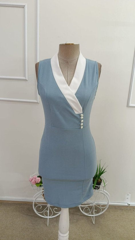 Rochie Scurtă din Crepon Importat pentru Femei, Umerele Descoperite, Guler cu Detalii Bandă Încrucișată, Butonată, 35374