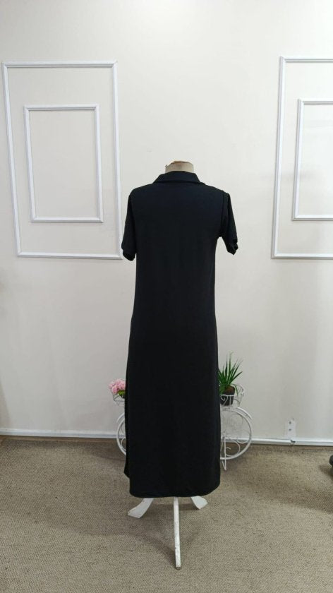 Rochie lungă din viscoză cu două fire, cu mânecă scurtă și guler, 34659