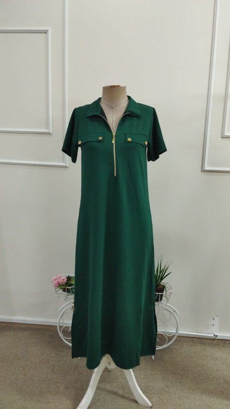 Rochie lungă din viscoză cu două fire, cu mânecă scurtă și guler, 34660