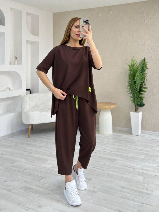 Set de două piese pentru femei, din viscoză, cu guler rotund și mânecă scurtă, format din bluză și pantaloni, 34665