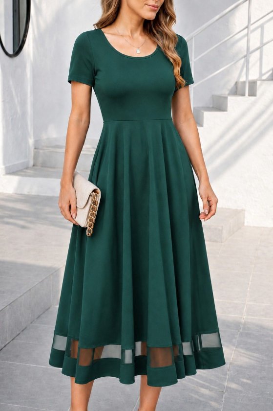 Rochie midi din crep strălucitor, cu mânecă scurtă și decolteu rotund, pentru femei, cu detalii din tul, 34682