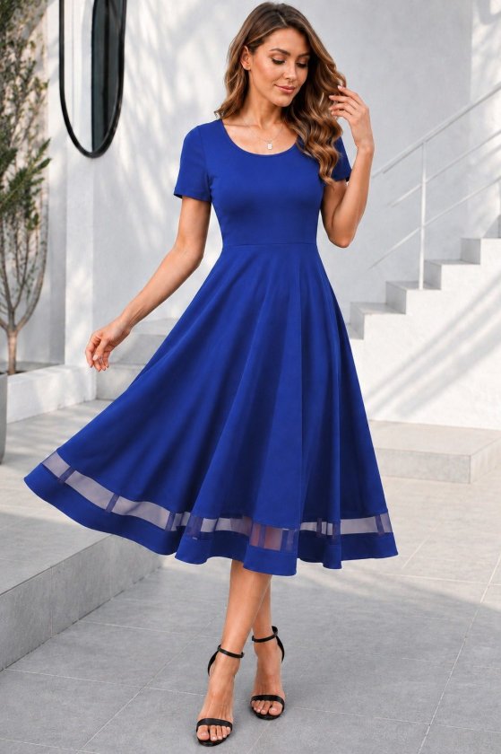 Women's Short Sleeve Round Neck Tulle Detail Midi Shimmer Crepe Dress, 34683