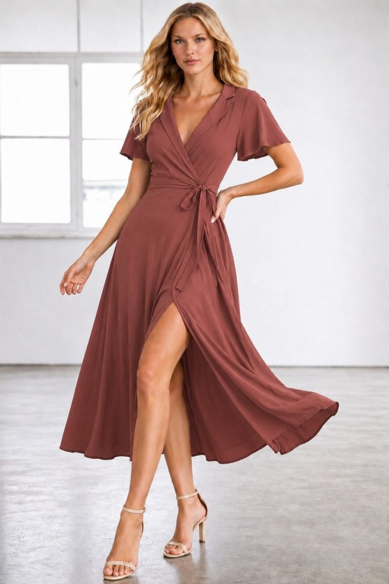 Rochie midi din viscoză pentru femei, cu mânecă scurtă, decolteu înfășurat, cu curea și crăpătură, 34690