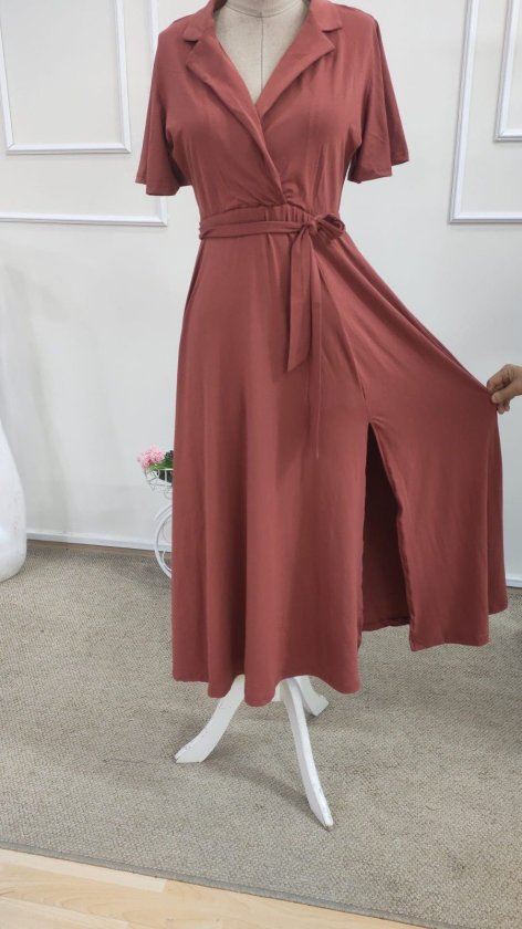 Rochie midi din viscoză pentru femei, cu mânecă scurtă, decolteu înfășurat, cu curea și crăpătură, 34690
