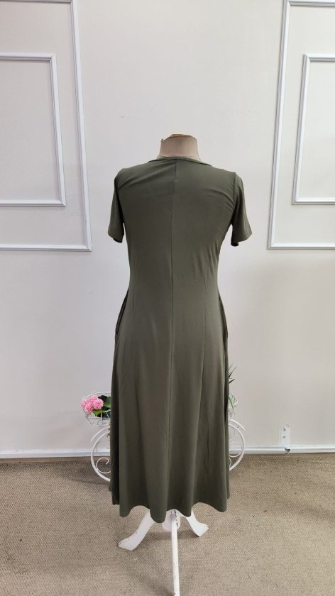 Rochie midi din viscoză cu mânecă scurtă, decolteu în V și detalii cu buzunare pentru femei, 34747