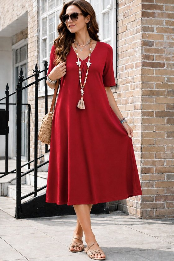 Rochie midi din viscoză cu mânecă scurtă, decolteu în V și detalii cu buzunare pentru femei, 34748
