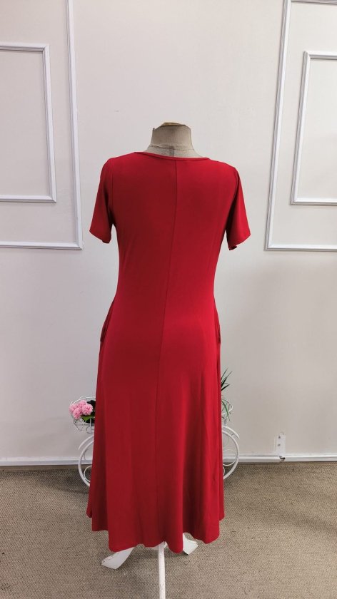 Rochie midi din viscoză cu mânecă scurtă, decolteu în V și detalii cu buzunare pentru femei, 34748