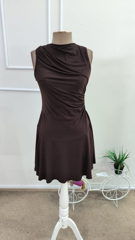 Rochie scurtă, fără mâneci, cu guler înalt, de culoare nisip, pentru femei, 34787