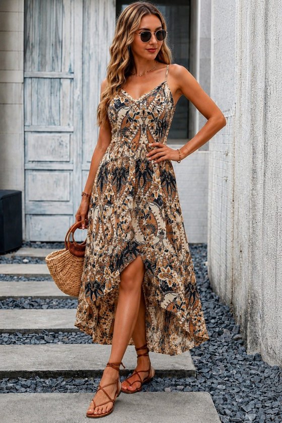 Women's Strappy V-Neck Asymmetrical Front Detail Midi Supima Dress, 34810