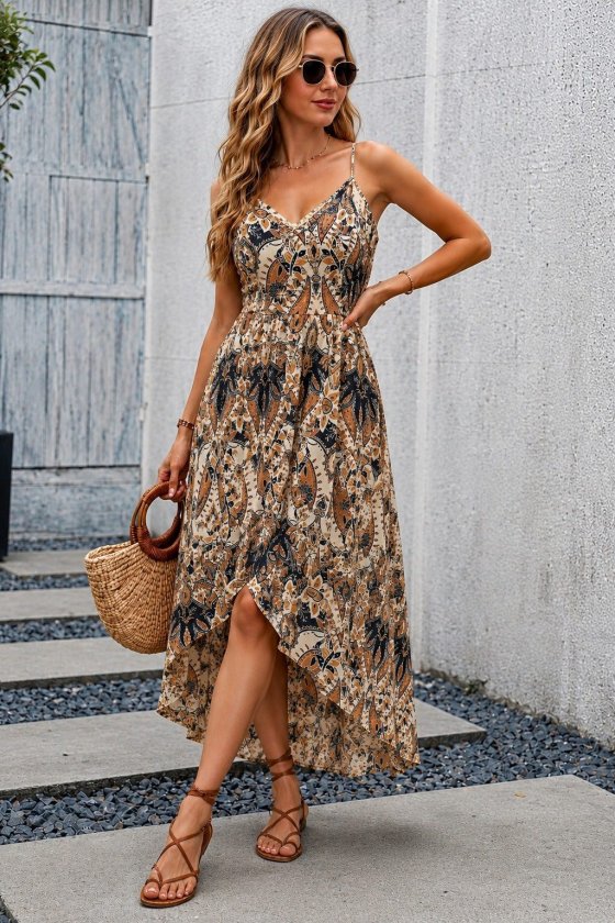 Women's Strappy V-Neck Asymmetrical Front Detail Midi Supima Dress, 34810