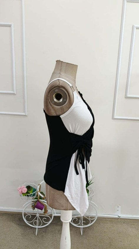 Bluza din viscoză pentru femei cu bretele, gât cruce, legată lateral, bicolor, 37601