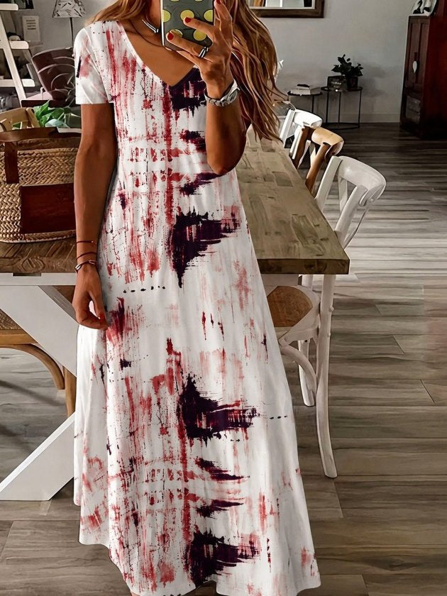 Rochie lungă cu mâneci scurte, guler V, cu model, jersey, 37506
