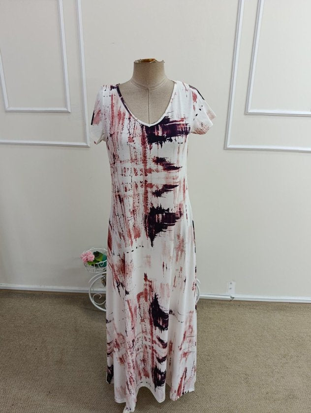 Rochie lungă cu mâneci scurte, guler V, cu model, jersey, 37506