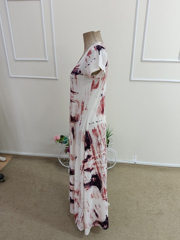Rochie lungă cu mâneci scurte, guler V, cu model, jersey, 37506