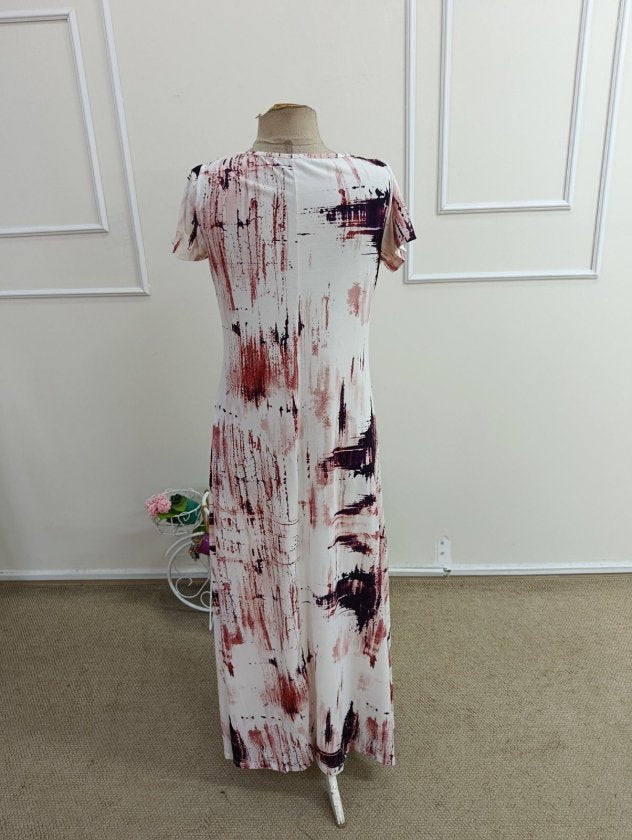 Rochie lungă cu mâneci scurte, guler V, cu model, jersey, 37506
