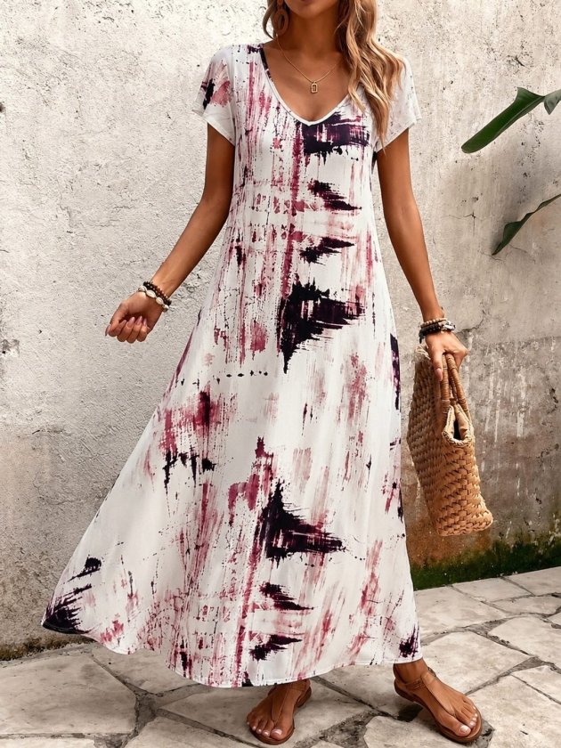 Rochie lungă cu mâneci scurte, guler V, cu model, jersey, 37506