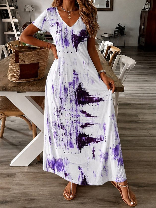 Rochie lungă cu mâneci scurte, guler V, cu model, jersey, 37508