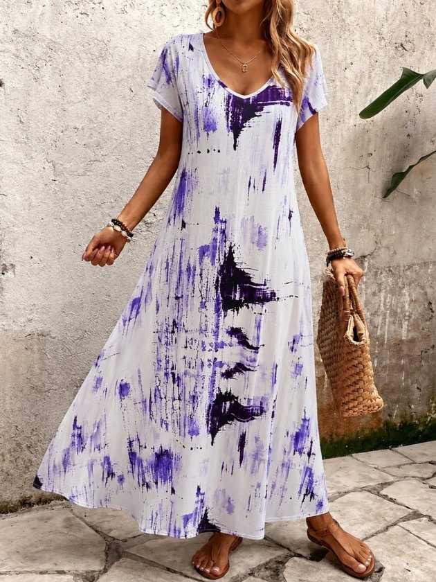 Rochie lungă cu mâneci scurte, guler V, cu model, jersey, 37508