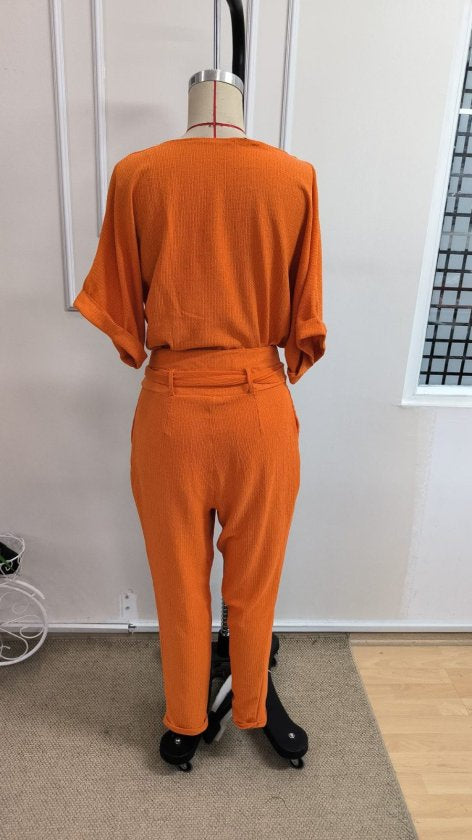 Kadın Kısa Kollu Yakalı önden Düğmeli Bürümcük Bluz Ve Pantolon Ikili Takım , 34914