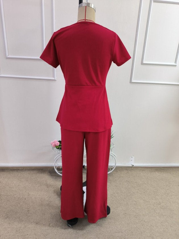 Set două piese bluză și pantaloni din jan creponat, cu mânecă scurtă, decolteu în V asimetric, cu nasturi laterali, pentru femei, 34919