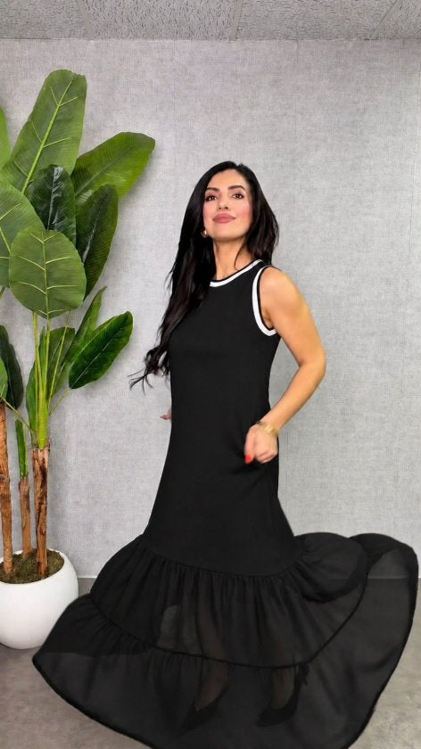 Rochie de damă lungă din viscoză, cu două fire, cu bretele, guler rotund și detalii din șifon la tiv, 35079