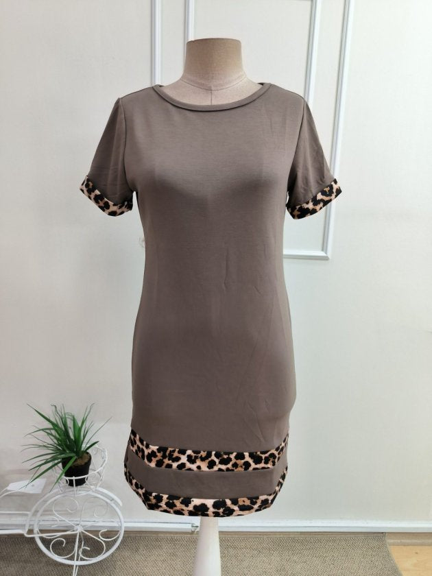 Rochie scurtă de damă, cu mânecă scurtă, guler rotund, detalii cu bandă leopard, din modal, 35125