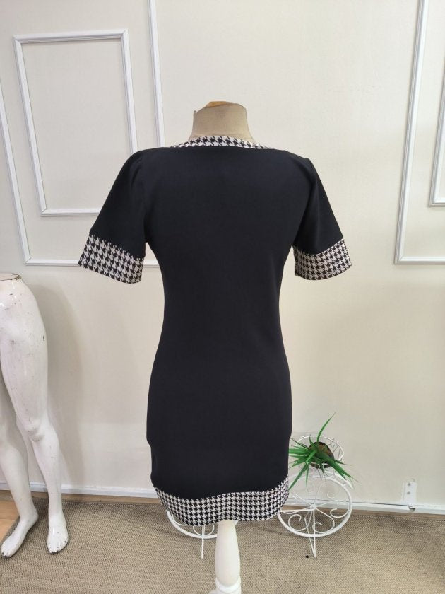 Rochie Scurtă din Janjan pentru Femei, Mâneci Scurte, Guler cu Șiret, Model Pied-de-Poule, 35138
