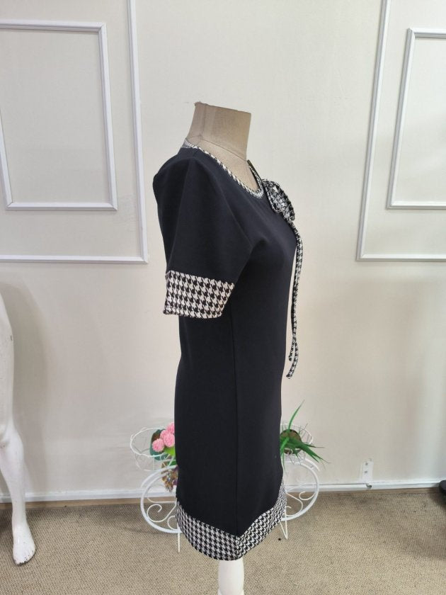 Rochie Scurtă din Janjan pentru Femei, Mâneci Scurte, Guler cu Șiret, Model Pied-de-Poule, 35138