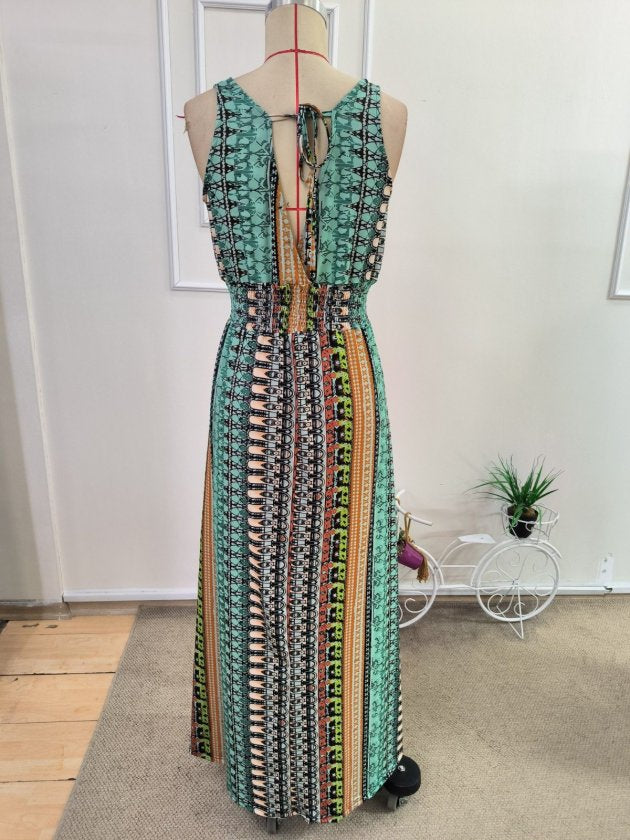 Rochie Lungă din Suprem pentru Femei, Atârnată, Guler V Adânc, Decolte, Model Imprimat, 35179