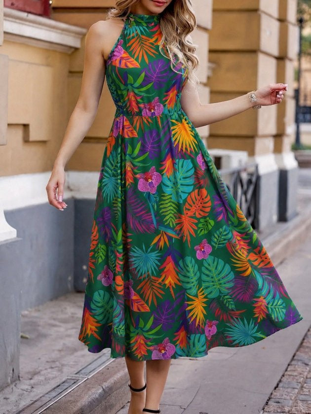 Rochie maxi damă, din jerseu, cu umeri decoltați și decolteu rotund, cu imprimeu, 35186